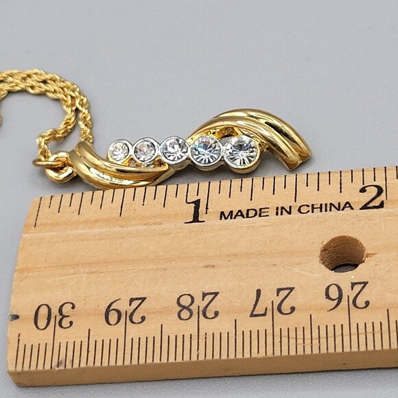 S Curve Pendant Necklace With Five CZ Cubic Zirconia 18" Gold Tone Chain - Picture 7 of 8